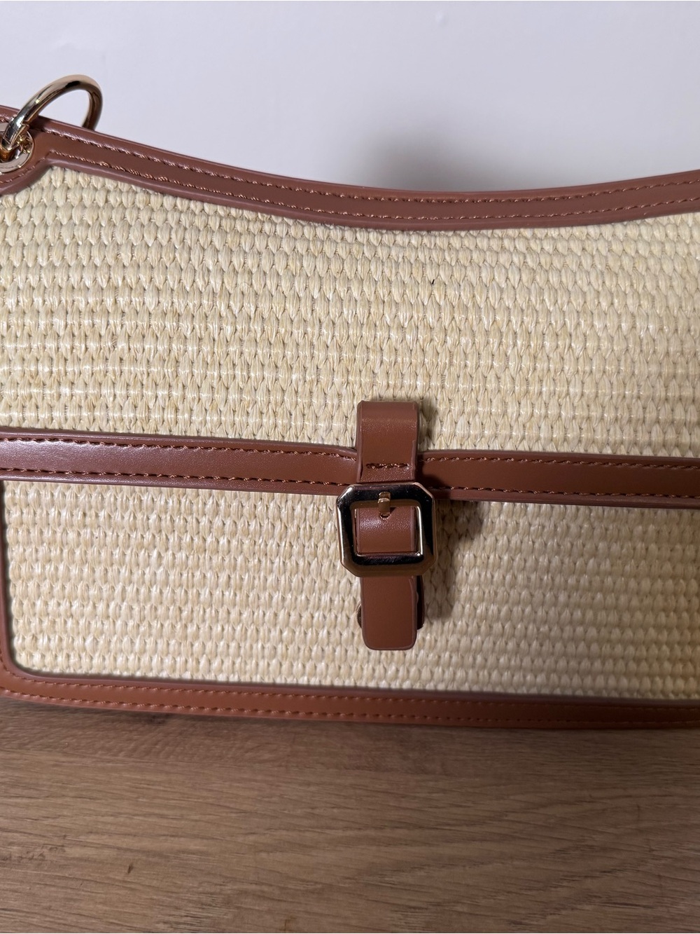Madison West Cream Woven Crossbody with Brown Trim and Gold Buckle